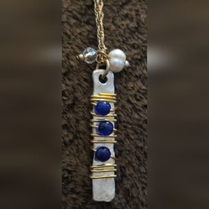 Silver Bar Necklace with Lapis Lazuli Beads